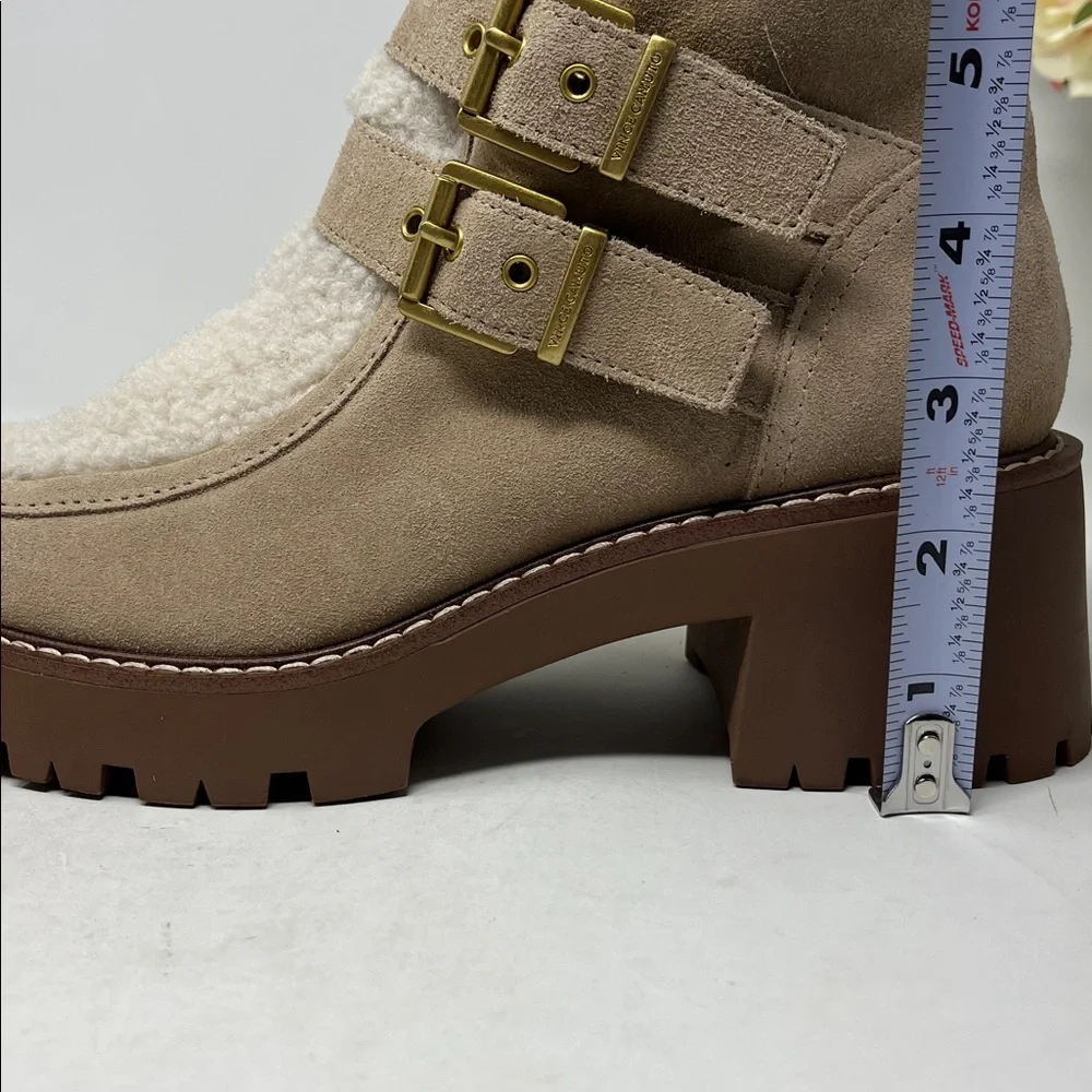 VINCE CAMUTO Destonny Cozy Buckle Booties Tan Suede and Sherpa Side Zip Sz 6 new